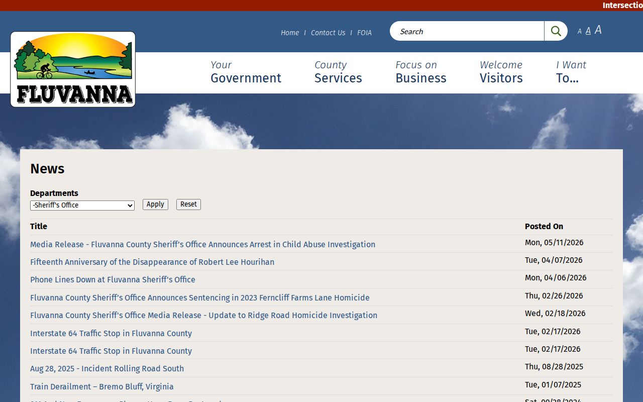 Fluvanna County Sheriff official news index as a booking-feed alternative