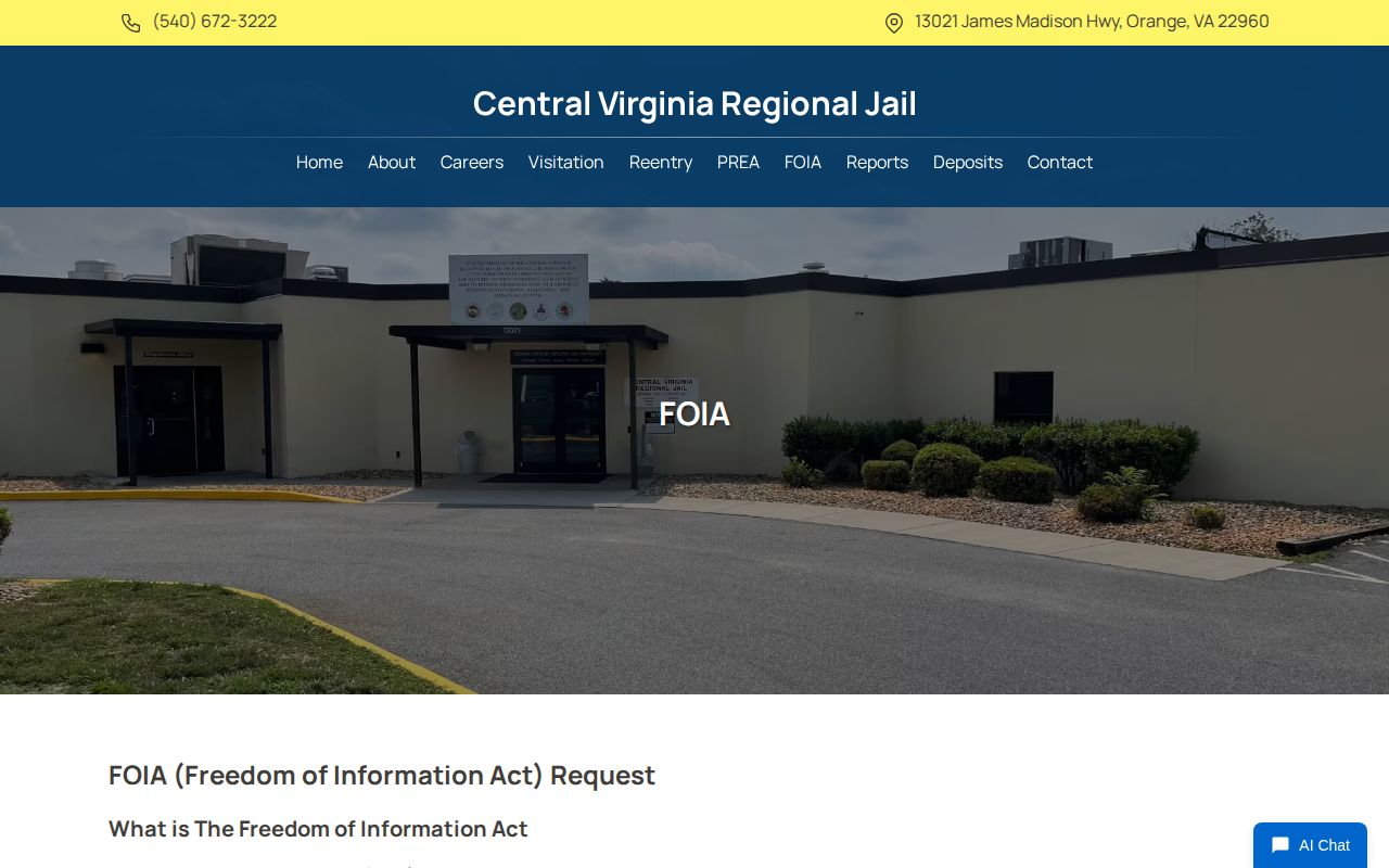 Central Virginia Regional Jail Fluvanna County booking-record request information