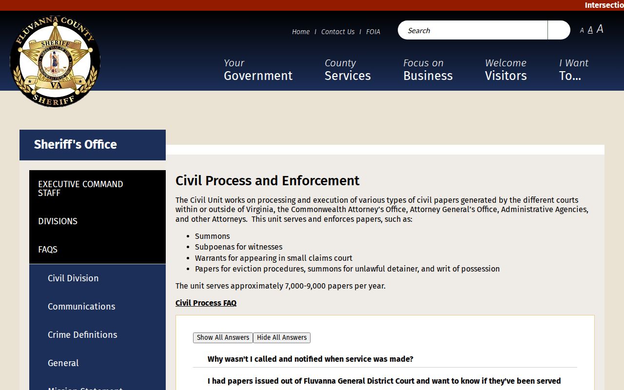 Fluvanna County Sheriff official civil-process page for individual warrant inquiries