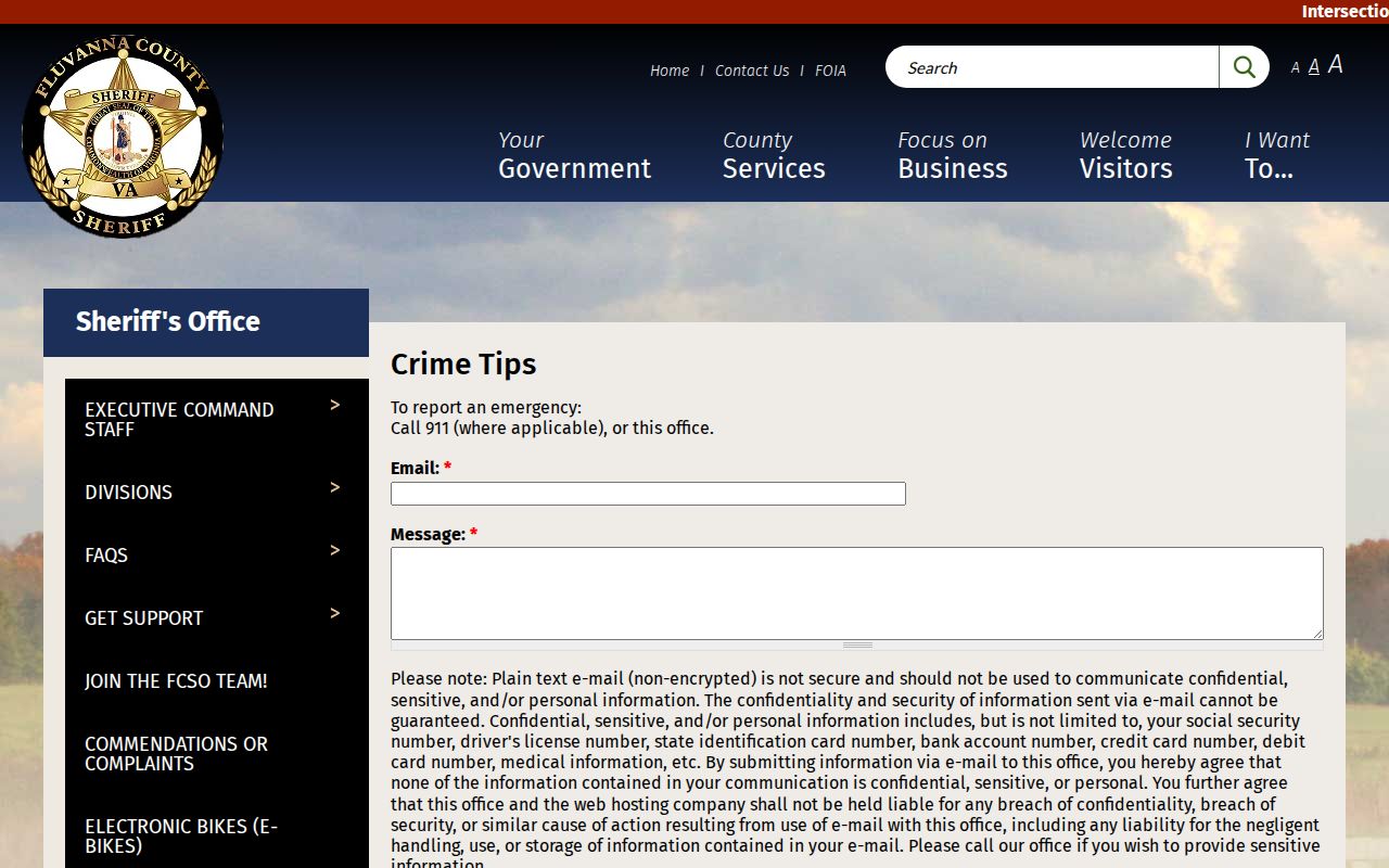 Fluvanna County Sheriff official Crime Tips form for non-emergency information