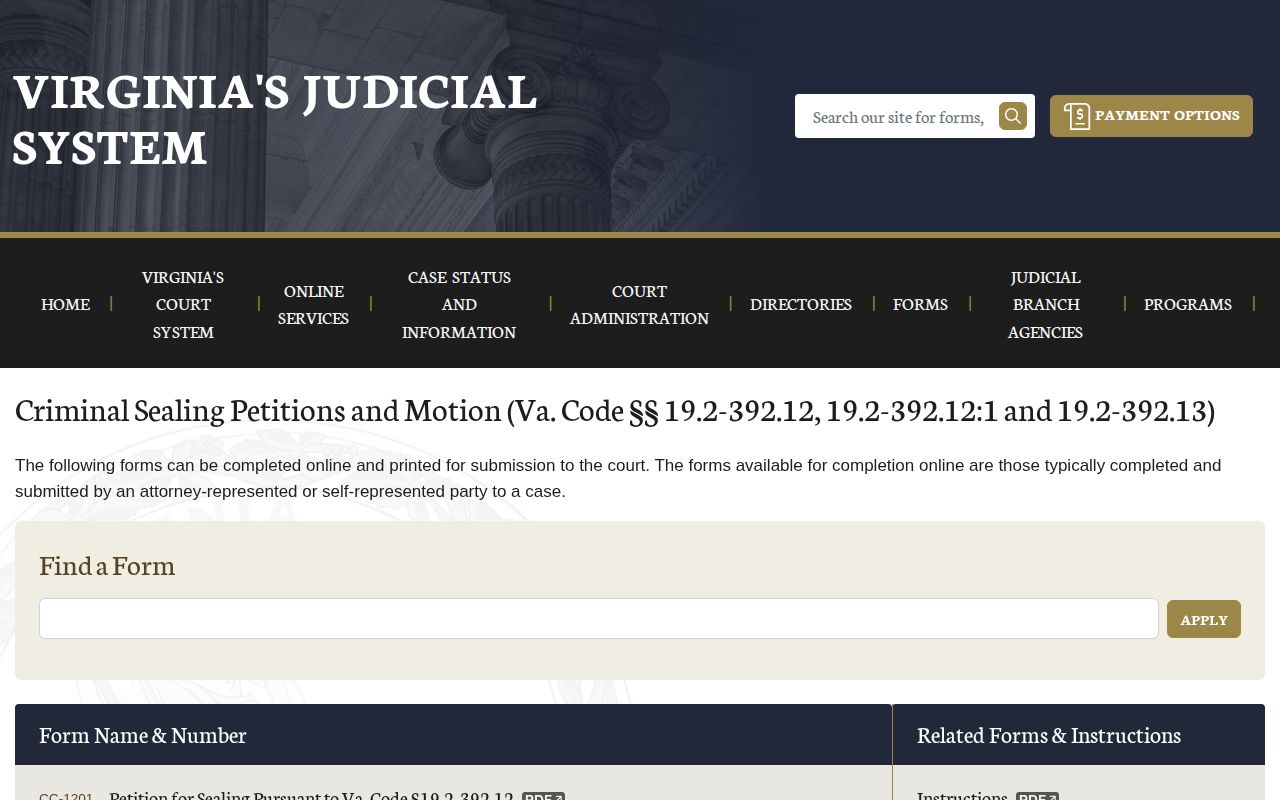 Virginia official criminal sealing forms for Fluvanna County court records