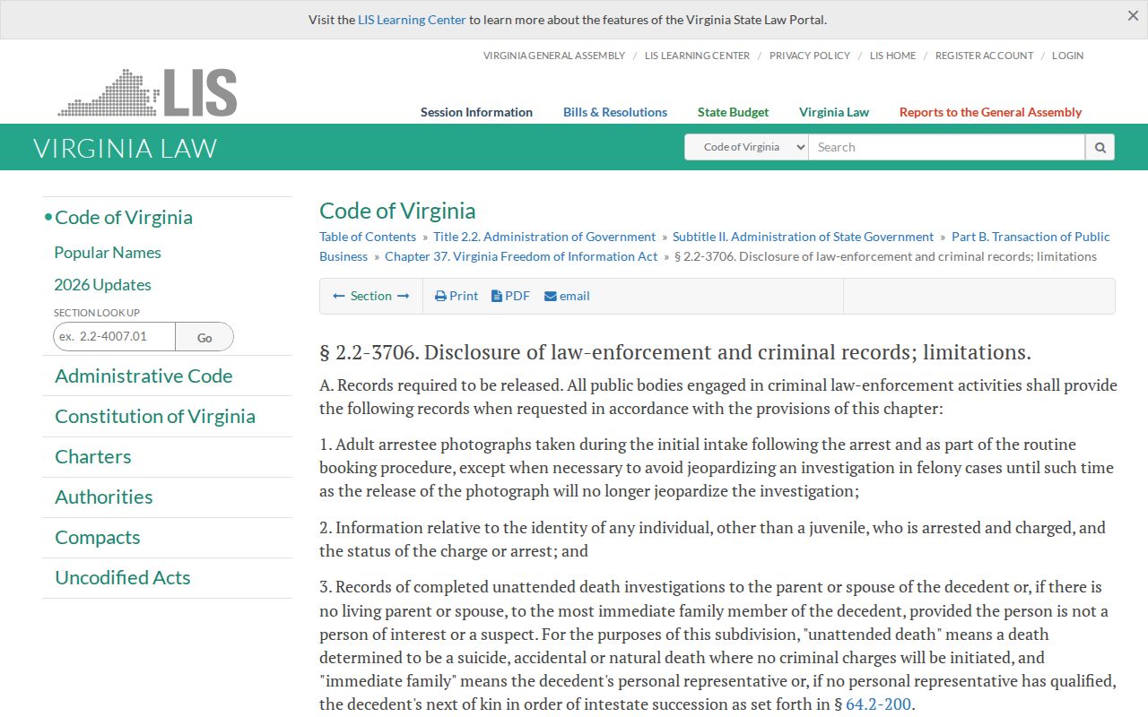 Virginia adult booking-photo disclosure statute for Fluvanna County record requests
